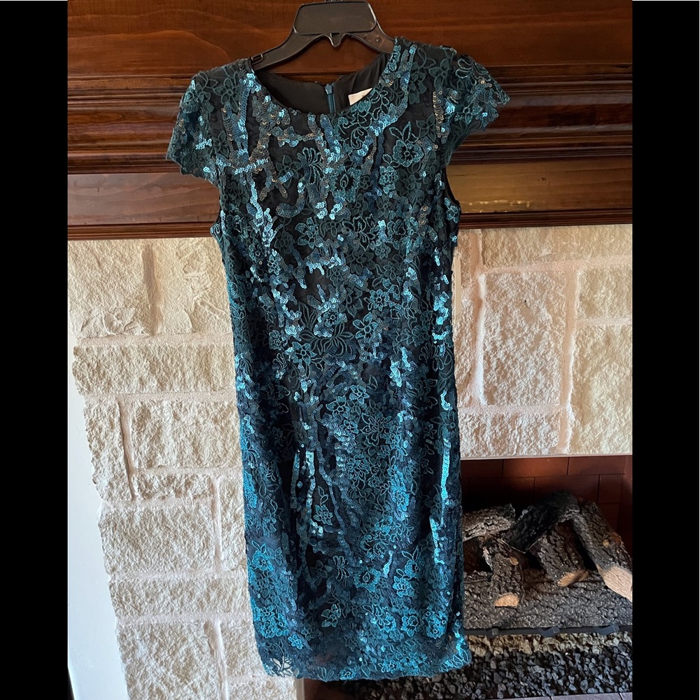 Badgley Mischka teal sequin cocktail dress